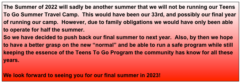 It is with great regret and disappointment that we are canceling our 2021 Summer Camp Program due to ongoing CDC guidelines and Maryland State licensing requirements for our type of day/travel camp.   
Please click Camp Cancellation.pdf to read the letter sent to our mail list explaining why we have made our decision.  
We look forward to coming back stronger in 2022.  

- Stay Safe - 